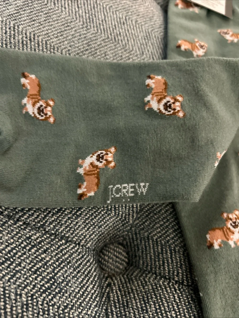 J CREW Socks One Size  Green Brown White Dogs Corgis- New
